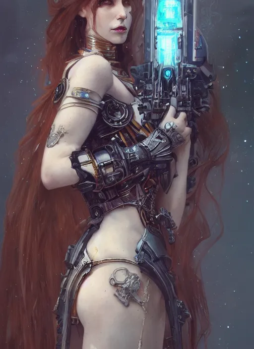 Image similar to portrait of beautiful pale gothic maiden, warhammer 40000, cyberpunk, intricate, elegant, highly detailed, digital painting, artstation, concept art, smooth, sharp focus, illustration, art by artgerm and greg rutkowski and alphonse mucha and Gustav Klimt