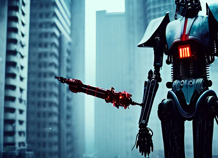 Image similar to 3 5 mm portrait photo of ( general grievous )!! with heavy duty biomechanical cybernetic body with ( four arms holding 4 activated red lightsabers )!! in the city in the rain. cyberpunk horror style.