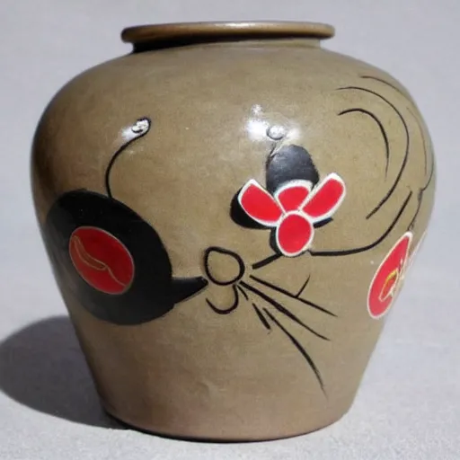 Image similar to vase work, Ancient vase art of Mickey Mouse in art style of chinese art, fragmented clay firing chinese vase with an Mickey Mouse in the style of ancient chinese art, ancient chinese art!!!!! chinese art