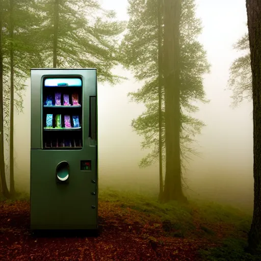 Prompt: dreamlike visage of a vending machine alone in a forest knoll, mystical, unusual, serene, foggy, dawn lighting, dew, mountain forest, hyperdetailed