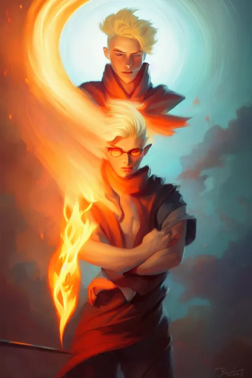 Image similar to character art by peter mohrbacher, young man, blonde hair, on fire, fire powers