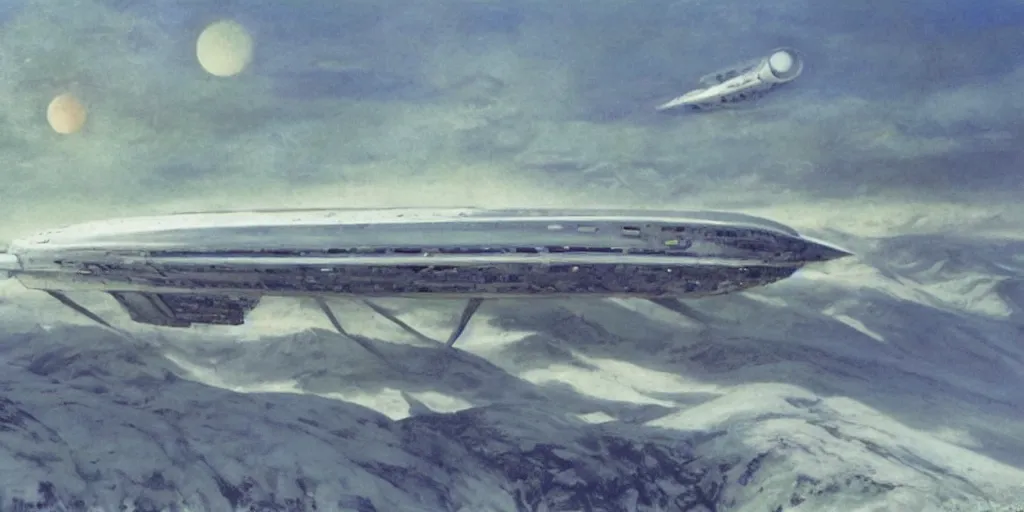 Prompt: Fernand Khnopff white giant spaceship starship battlestar airship in center on tansy wormwood field, snowy mountain afar by Fernand Khnopff by john berkey, oil painting, concept art