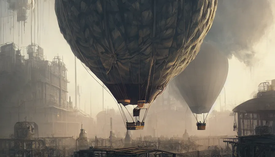 Image similar to Hot air balloon factory plant in a Dieselpunk city, steam, epic composition, intricate, elegant, volumetric lighting, digital painting, highly detailed, artstation, sharp focus, illustration, concept art, ruan jia, steve mccurry