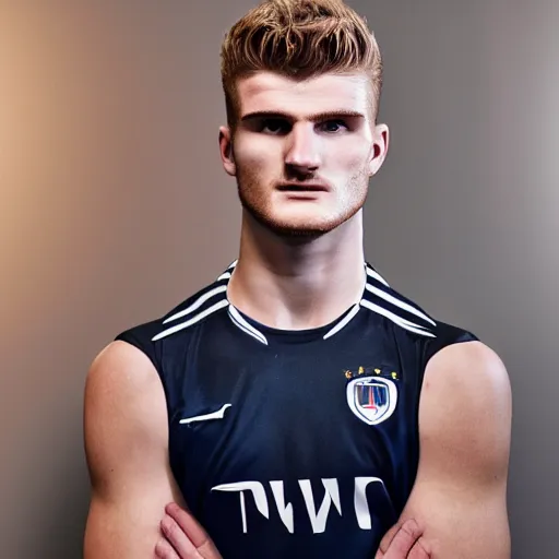 Image similar to a realistic detailed photo of a guy who is an attractive humanoid who is half robot and half humanoid, who is a male android, soccer player timo werner, shiny skin, posing like a statue, blank stare, in a living room, on display, showing off his muscles