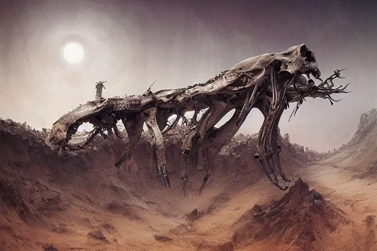 Image similar to prophecy, gnostic atmosphere, amazing concept painting by Jessica Rossier and HR giger and Beksinski, the middle of a valley; it was full of bones, bones that were very dry, there was a noise, a rattling sound, and the bones came together, bone to bone , I looked, and tendons and flesh appeared on them and skin covered them, but there was no breath in them and breath entered them, they came to life and stood up on their feet a vast army