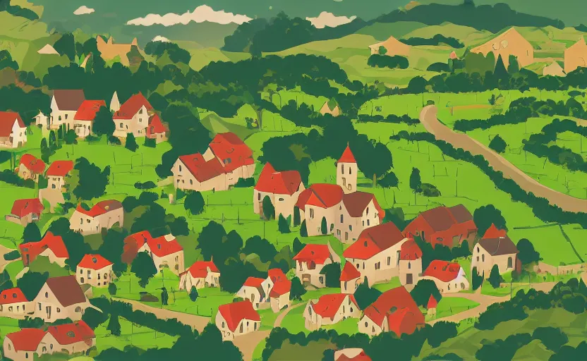 Image similar to a small village in a valley, villagers busy farming, a dragon approaching from a distance, zoomed in, vector, storybook, gouache, flat, sharp edges, concept art, print