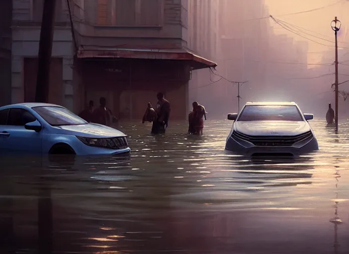 Image similar to a car driving through shallow water, flooded city, people walking through shallow water, muted colors, hyperrealistic, oil painting, intricate, cgsociety, artstation, 8 k, cinematic, soft lighting, by greg rutkowski, by wlop, by artgerm