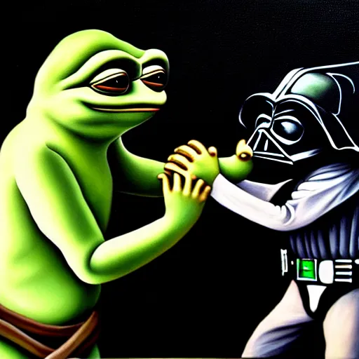 Image similar to a detailed painting of pepe the frog fighting darth vader by caravaggio