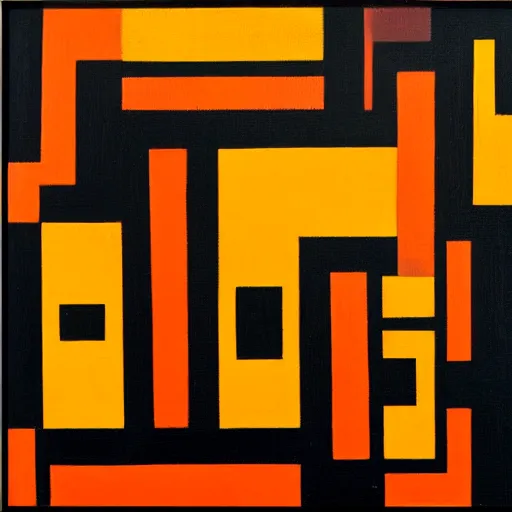 Image similar to an abstract painting of symmetric squares, circles and triangles in black, orange and yellow, inspired by piet mondrian