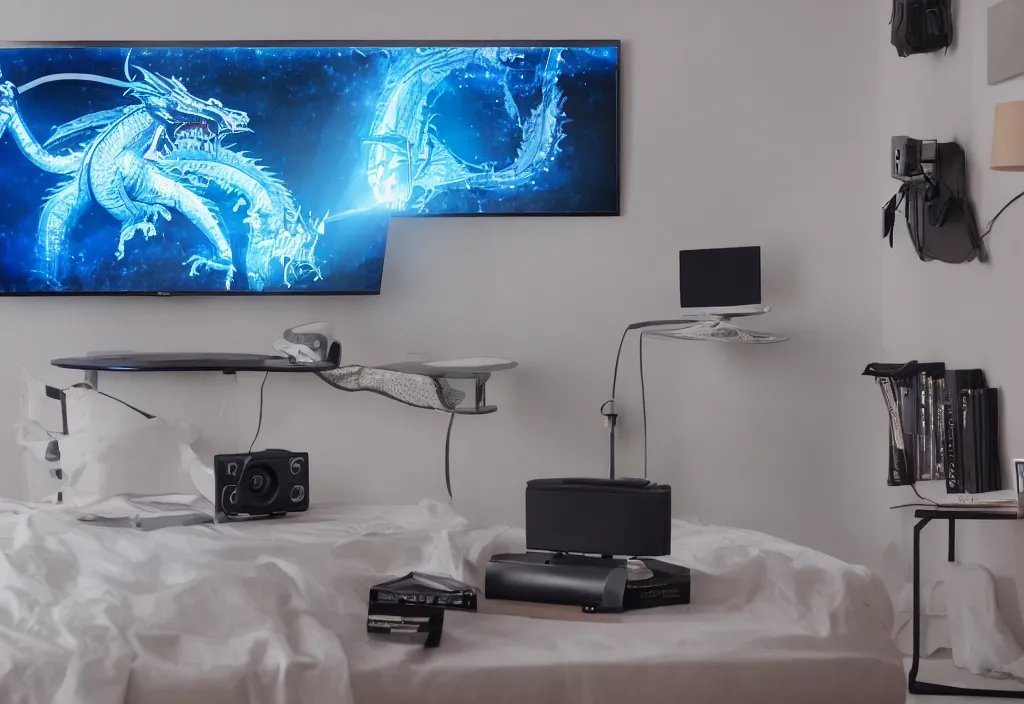 Image similar to curved transparent 3 dtv dragon popping out of tv, volumetric lighting, bedroom, visor, users, pair of keycards on table, bokeh, creterion collection, shot on 7 0 mm, instax