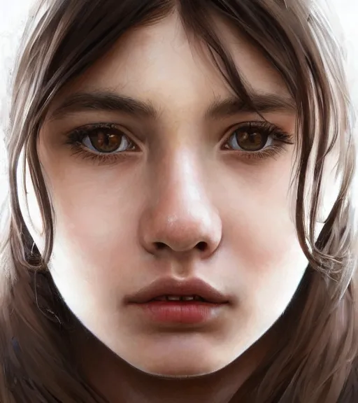 Prompt: ultra realistic illustration, portrait of 1 5 - year old girl with thick brown hair, large front teeth, and bright piercing brown eyes, intricate, elegant, highly detailed, digital painting, artstation, concept art, smooth, sharp focus, illustration, art by artgerm and greg rutkowski and alphonse mucha