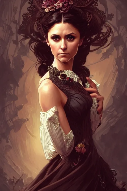 Image similar to Nina Dobrev dressed in a victorian fashion, D&D, fantasy, intricate, elegant, highly detailed, digital painting, artstation, concept art, matte, sharp focus, illustration, art by Artgerm and Greg Rutkowski and Alphonse Mucha