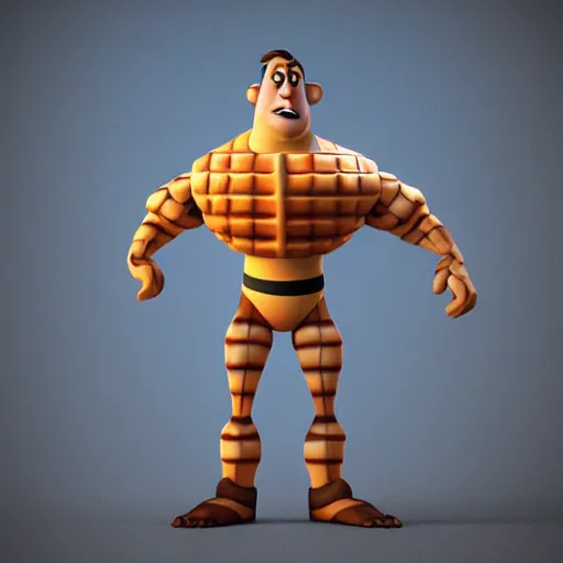 Prompt: waffle character with muscular arms, pixar character, 3d render, 4k, cartoony