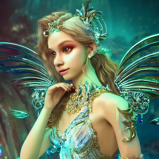 Image similar to portrait of mermaid princess, glowing, ornate and intricate jewelry, jaw dropping beauty, glowing background lighting, white accent lighting, hyper detailed, fairy tale, 4 k octane render