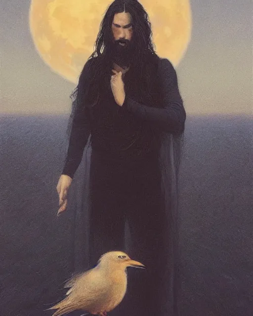 Image similar to portrait of a man with long black hair and beard holding a bird, full moon in the background, fine portrait, beautiful, concept art, by greg rutkowski, by jean delville