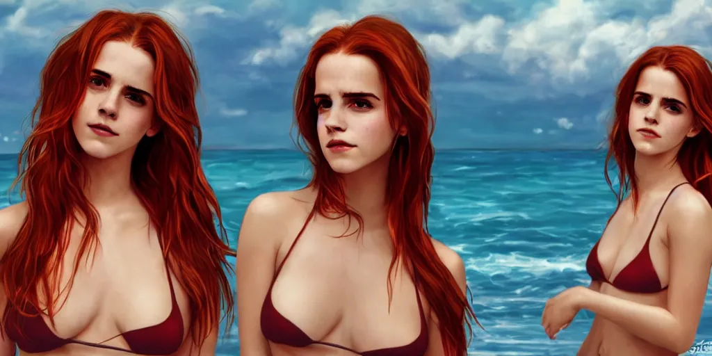 Image similar to highly detailed Red-haired beauty Emma Watson in a bikini , mid-shot ,pixiv , digital Art