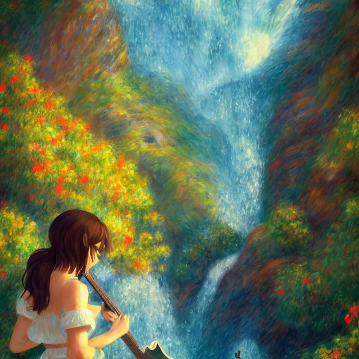 Prompt: an epic makoto shinkai and renoir landscape with a beautiful brown haired woman playing a guitar in front of hawaiian waterfall, golden hour, 🌺, ultra smooth, lois van baarle, ilya kuvshinov, unreal engine, blender, trending on artstation, suntur, caleb worcester, highly detailed, photorealism, bloom effect 8 k