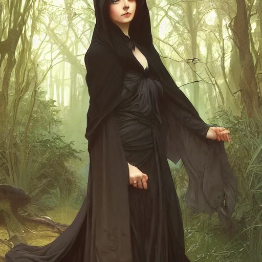 Image similar to beautiful girl wearing a black cloak standing in a forest, intricate, art by artgerm and greg rutkowski and alphonse mucha and william - adolphe bouguereau, high detailed, 4 k,