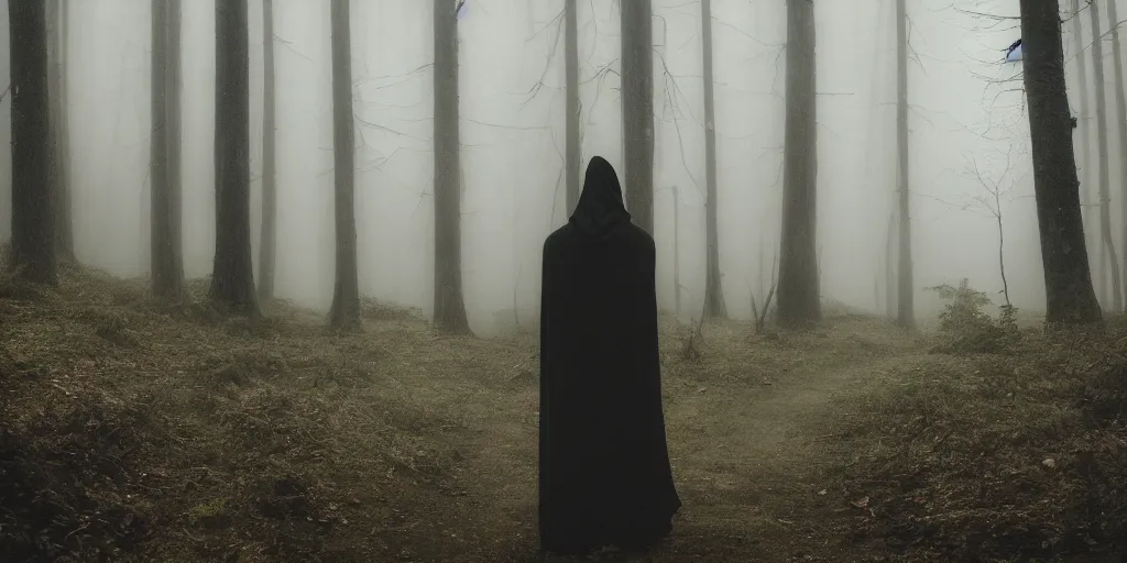 Image similar to a close shot of a grim reaper standing in a forest, detailed, style of flooko, mythical, mist, depressing, tired, dark, lush, nature, mist, mystery, glows, somber, dismal, fog, heavy fog, dark lighting, rim light, glow, ambient light, cybernetic, sci-fi,