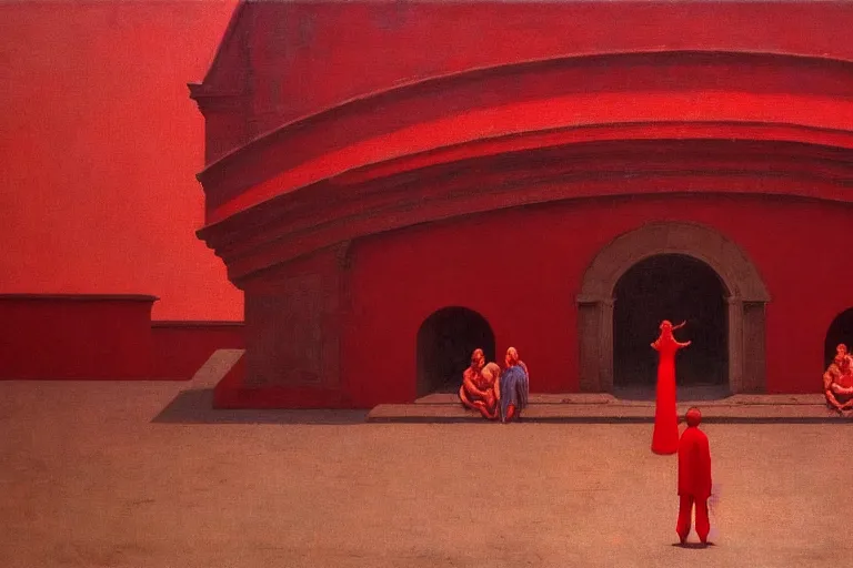 Image similar to only with red, a red great emperor, taormina amphitheatre, crowd with big smile, in the style of beksinski, parts by edward hopper, parts by rodcenko, parts by yue minjun, intricate and epic composition, red by caravaggio, insanely quality, highly detailed, masterpiece, red light, artstation, 4 k