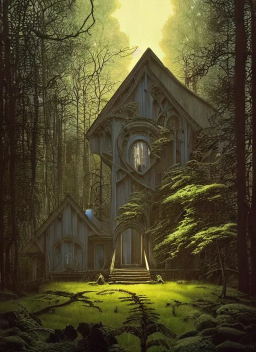 Image similar to hyper realistic witchy modern gothic house with mood lighting and tech in the woods gorgeous lighting, sunbeams blue sky, highly detailed, lush forest foliage painting by zdzisław beksinski and norman rockwell and greg rutkowski weta studio, and lucasfilm