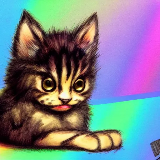 Image similar to wide angle full body, of a fluffy cute rainbow kitten wearing a black leather motorcycle jacket, concept art