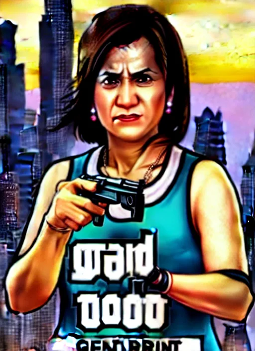 Prompt: leni robredo in grand theft auto game cover art by stephen bliss, detailed advertisement artwork, gta, gta loading screen