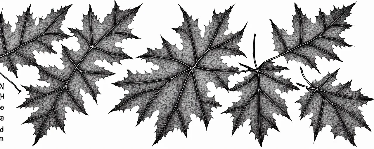 Image similar to a full page schematic diagram illustration of a hybrid between oak leaf and wine leaf, ultra detailed, 4 k, intricate, encyclopedia illustration, fine inking lines