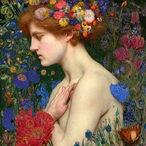 Prompt: the flower prince, by Annie Swynnerton and Annie Stegg Gerard, embroidered robes, floral tattoos, bioluminescent, elaborate costume, geometric ornament, symbolist, soft colors, dramatic lighting, smooth, sharp focus, extremely detailed