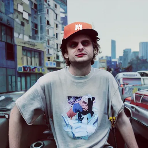 Prompt: mac demarco in a retrofuturistic city, retro futuristic fashion, photography award winning,