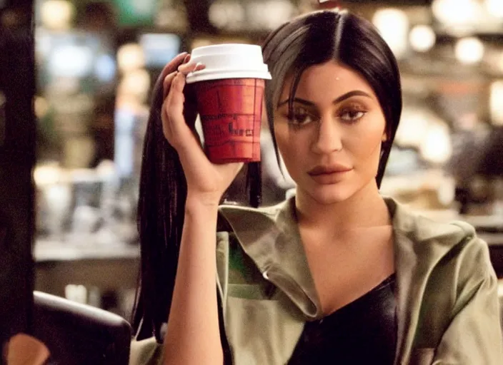 Image similar to a close - up, color cinema film still of kylie jenner drinking coffee at a starbucks, ambient lighting at night, from matrix ( 1 9 9 9 ).