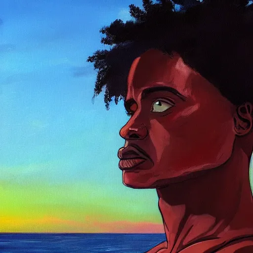 Prompt: a black man looking towards the sea at sunset, cinematic, fantasy, imax quality, painting