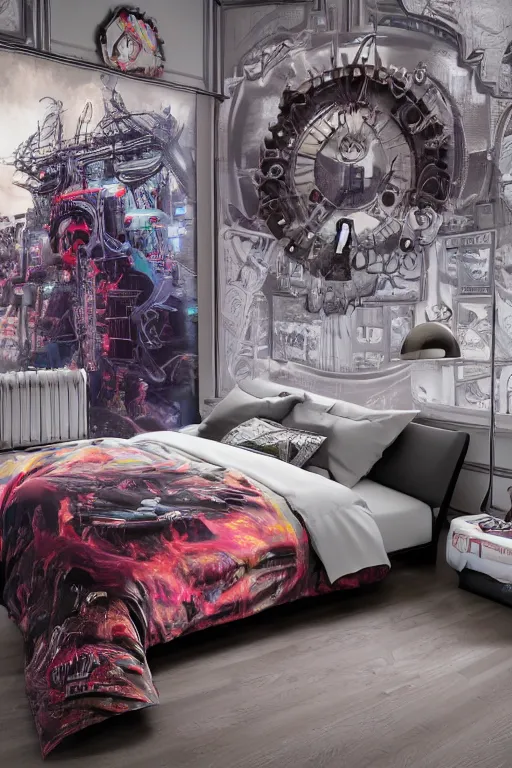 Image similar to photo of of bedlinen in a modern bedroom, band merchandise, bandname is tripmachine, tourname is invasion of the tripmachines, realistic digital art, bedlinen is textured with a 3 d render of a huge futuristic steampunk generator, 8 k, fluorescent colors, halluzinogenic, multicolored, exaggerated detailed, unreal engine