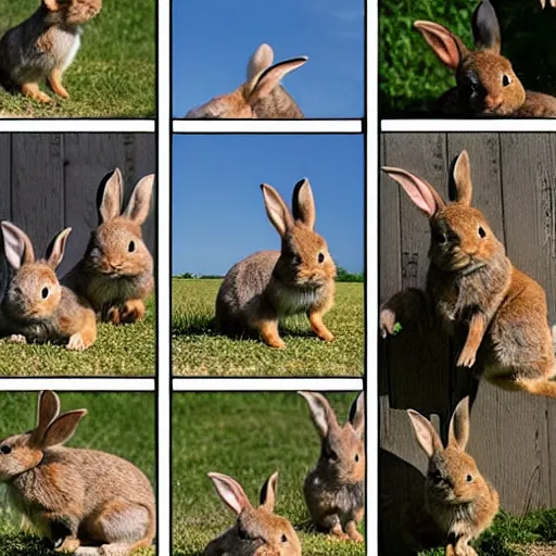 Prompt: a video of a rabbit jumping up over a fence, shown as a film strip showing 9 stills in a grid