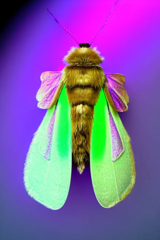 Image similar to high quality macro photo pearlescent furry moth! jeweled gorgeous! highly detailed david ligare elson peter cinematic purple neon lighting high quality low angle hd 8k sharp shallow depth of field