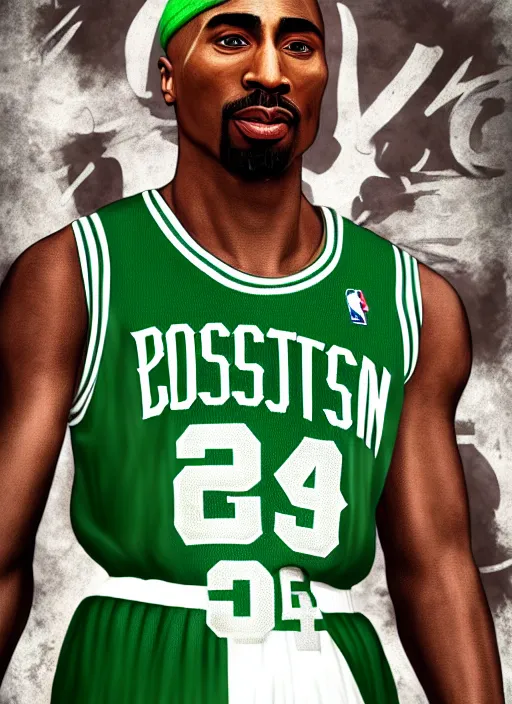 Image similar to portrait of tupac shakur, boston celtics jersey number 3 4, green, white, cartoon digital art, oil on canvas, trending on artstation, octane render