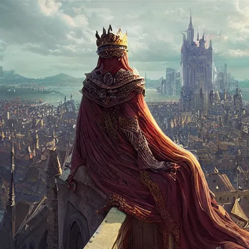 Image similar to a wizened queen looks down on her city from the palace balcony, fantasy art by greg rutkowski