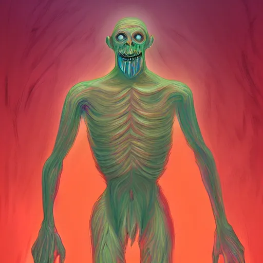 Prompt: human mutating into a monster, digital art, glowing