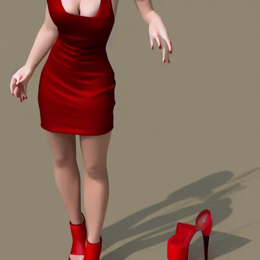 Image similar to woman, red short dress, black hair, by milo manara, 3 d render, red high heels, face, house, high - poly