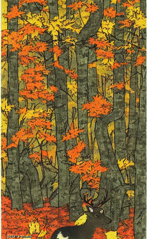 Prompt: by akio watanabe, manga art, alone deer jumping around maple forest, fall season, trading card front