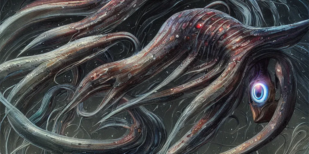 Image similar to squid, stylized layered shapes, long flowing fins, bioluminescent orbs, diffuse lighting, glowing eye, intricate, elegant, highly detailed, lifelike, photorealistic, digital painting, artstation, smooth, sharp focus, art by h r giger