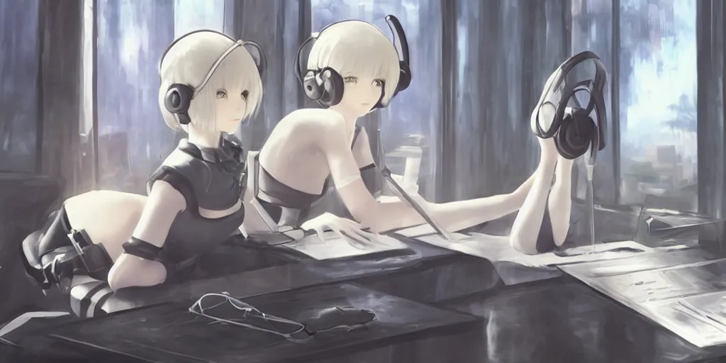 Prompt: 2b from nier automata sitting at a desk studying with cat ear headphones on, background is a tinted window looking out into a gigantic white church, Ghibli studio art, by Hayao Miyazaki, high quality anime, digital art, detailed facial features, imaginary slice of life