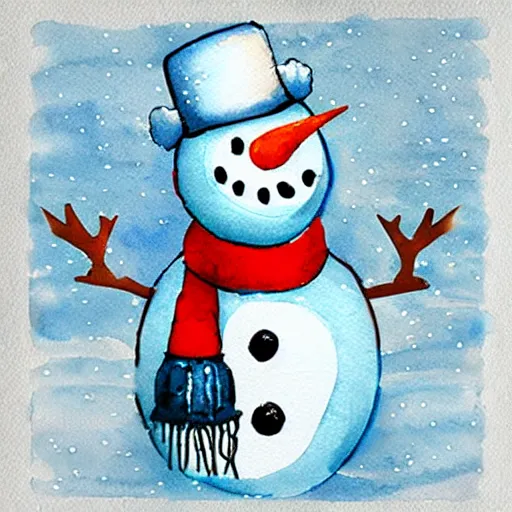 Image similar to mixed media winter snowman icon collage illustration in soft watercolor style, ice blue cold hues