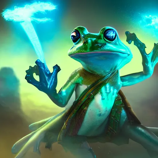 Prompt: frog time wizard firing an immense blast of blue energy, epic, ( david and goliath ), cinematic, fantasy, digital art, 8 k