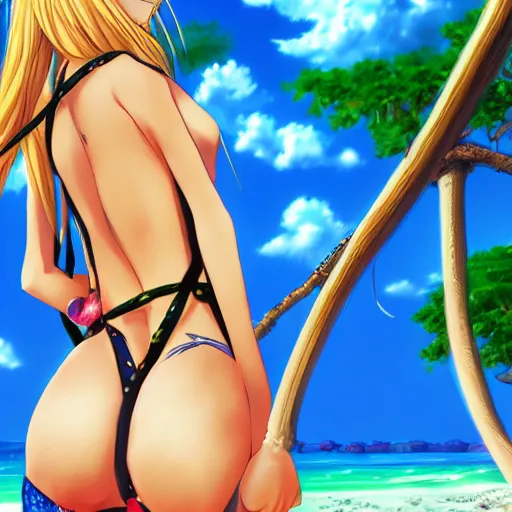 Prompt: anime visual of very cute girl from behind with long blonde hair, at the beach in one piece bathers, high detail, trending on artstation