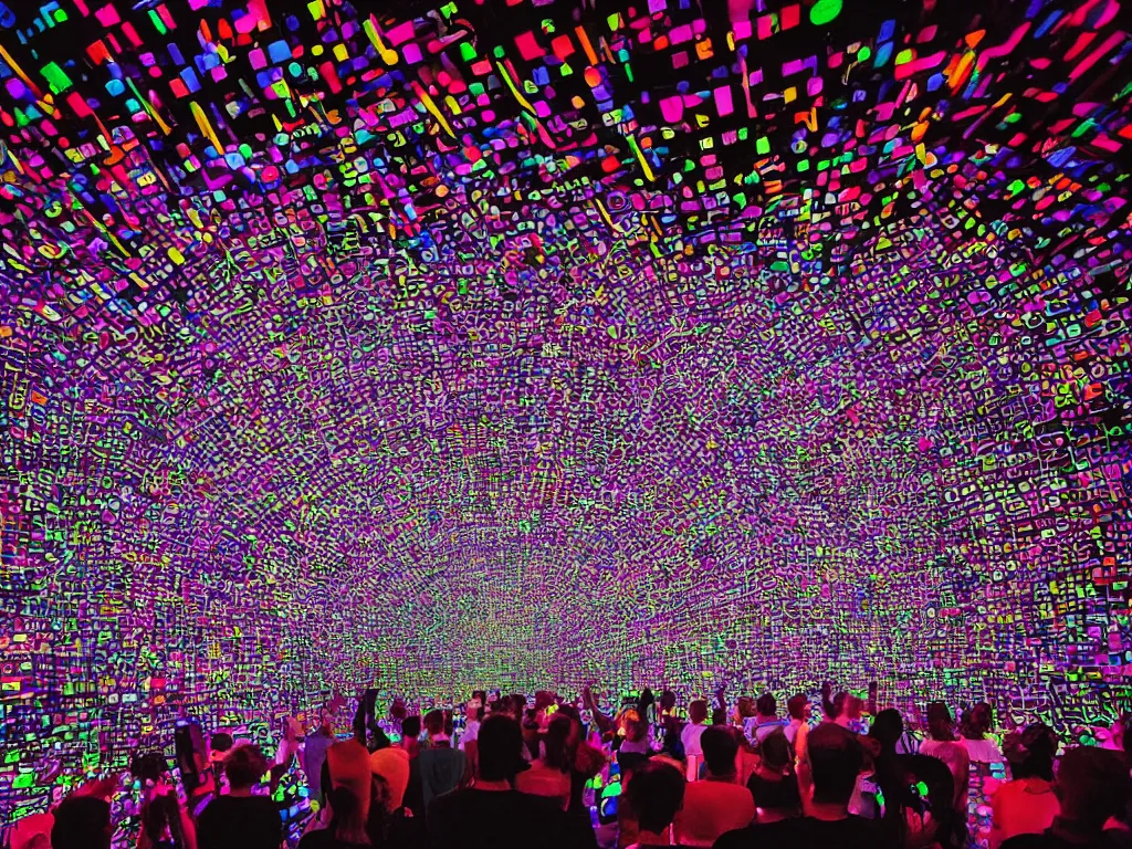 Image similar to cinematic epic, groups of happy people, many layers of overlapping translucent gigantic screens projecting beautiful low opacity images of reference sheets, random sizes, floating translucent graphics, dripping light drops, hands touching light drops, supercomputers transforming text to images, perfect lighting pixel sorting