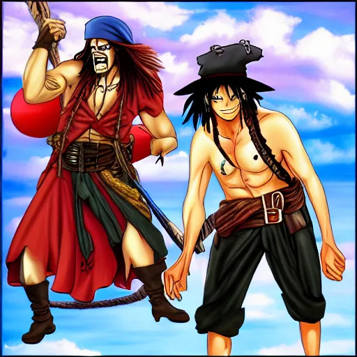 Prompt: Captain Jack Sparrow as Monkey D. Luffy, Anime Captain Jack Sparrow, Stretchy rubber arms