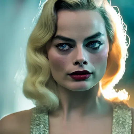 Prompt: Margot Robbie real-life Jinx, cinematic, Wide-shot, atmospheric lighting, directed by Ridley Scott, extreme detail, 8K, movie still
