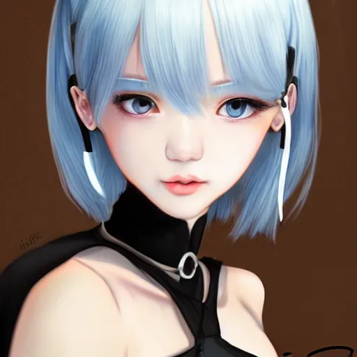 Image similar to realistic detailed semirealism beautiful gorgeous cute Blackpink Lalisa Manoban white hair white cat ears blue eyes, wearing black camisole maid outfit, headphones, black leather choker full HD 4K high resolution quality WLOP, Aztodio, Taejune Kim, Guweiz, Pixiv, Instagram, Artstation