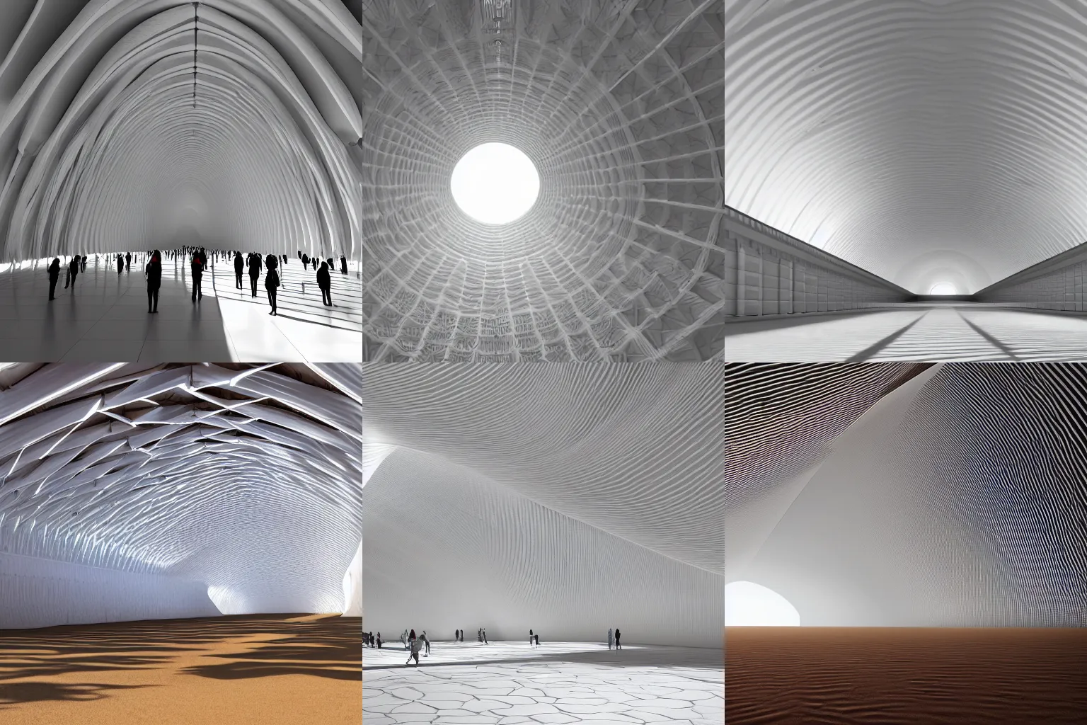 Prompt: a photo of the interior of a vast vaulted structure made of white fabric. the structure is in the desert. the structure is infinite. photorealistic, ultrarealistic, vray, 8k. a large crowd of people are under the vaults.